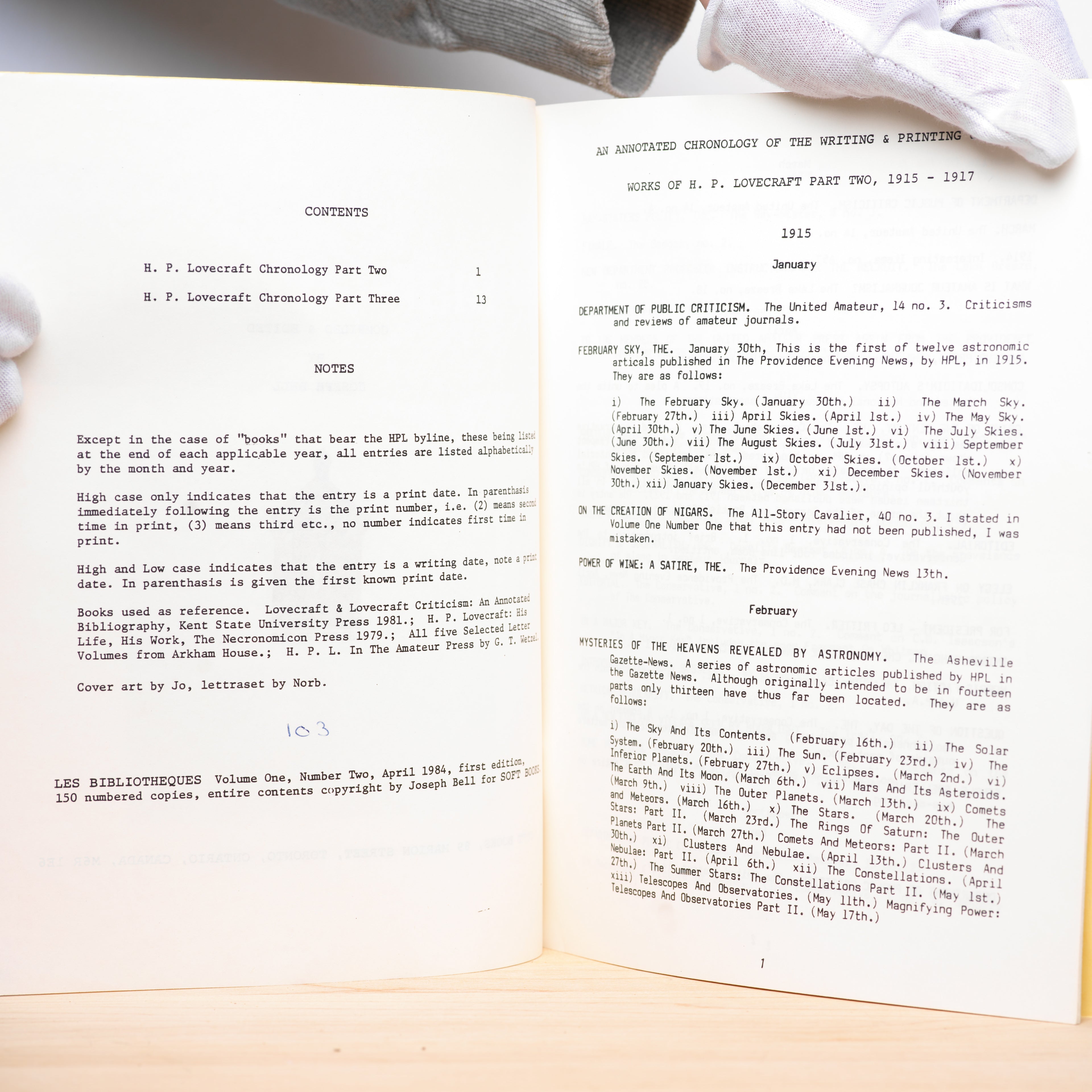 Les Bibliotheques Vol. 1 No. 2: An Annotated Chronology of the Writing and Printing of the Works of H.P. Lovecraft - Lovecraft, H.P.; Bell, Joseph (editor)